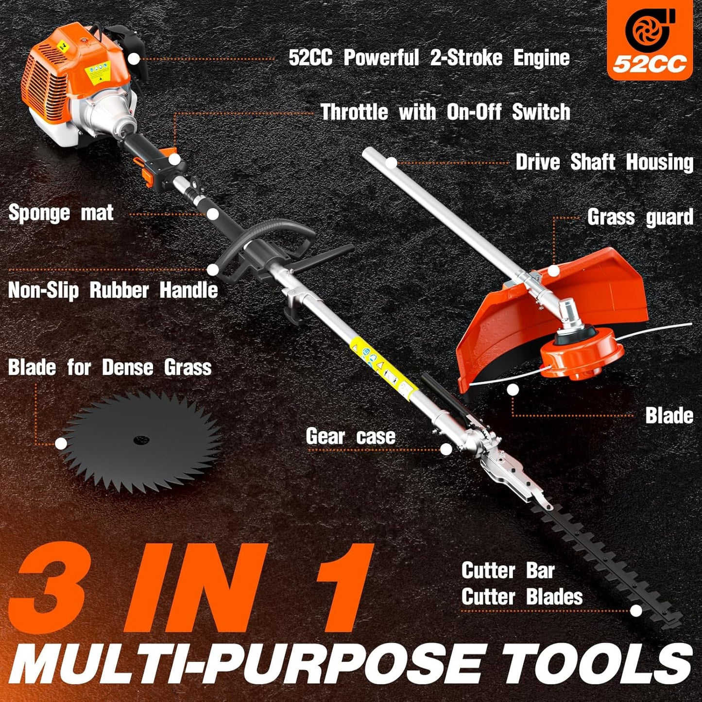 ProBlade 3X 1 52cc 3-in-1 Petrol Garden Multi-Cutter with Trimmer, Brush & Hedge Attachments